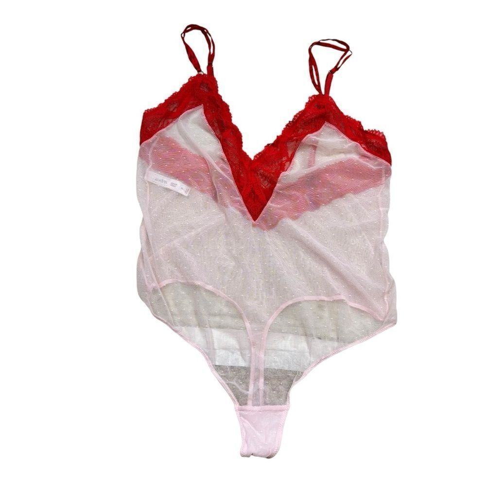 Ladies Aiden Brand Sheer Pink‎ and Red Lace Bodysuit Lingerie Size XL
